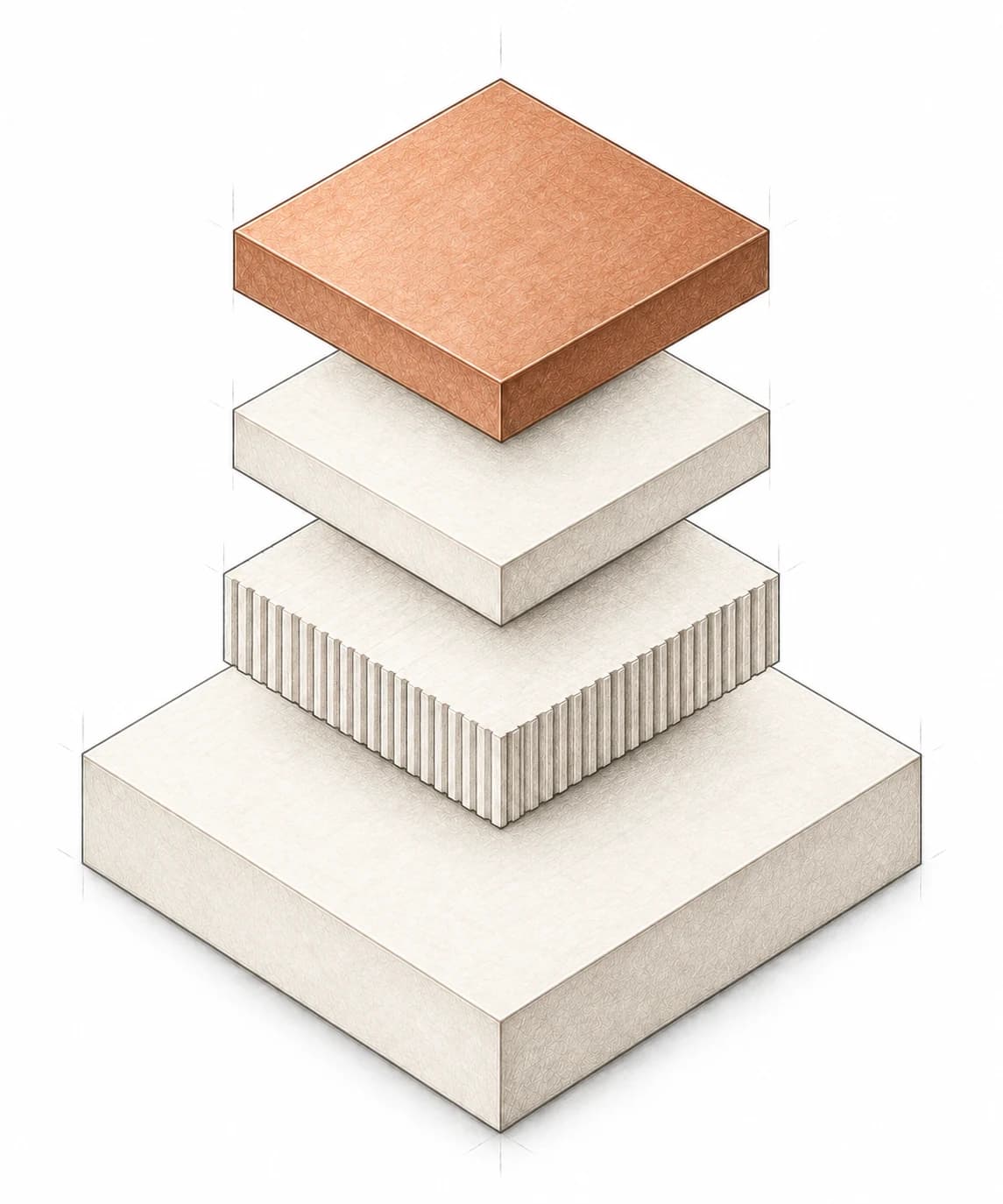 Exploded stack of four layered tiers