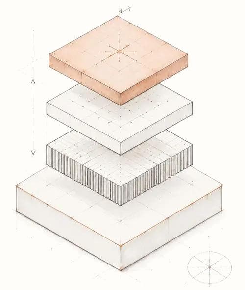 Exploded stack of four layered tiers